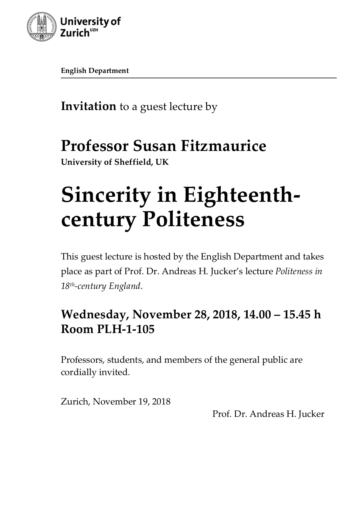Flyer Guest Lecture Prof. Susan Fitzmaurice (University of Sheffeld, UK)