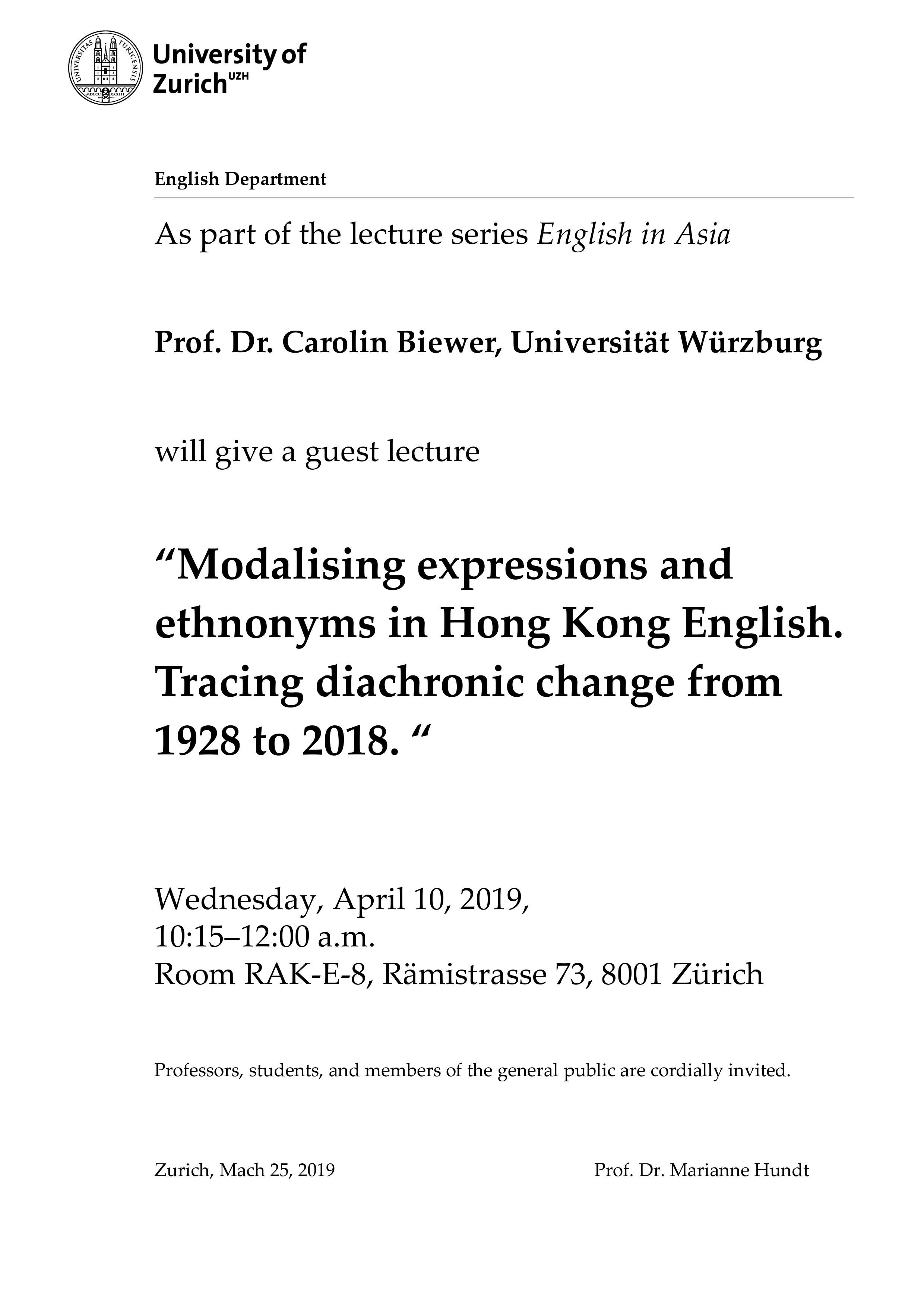 Guest Lecture Carolin Biewer (Universität Würzburg) "Modalising expressions and ethnonyms in Hong Kong English. Tracing diachronic change from 1928 to 2018."