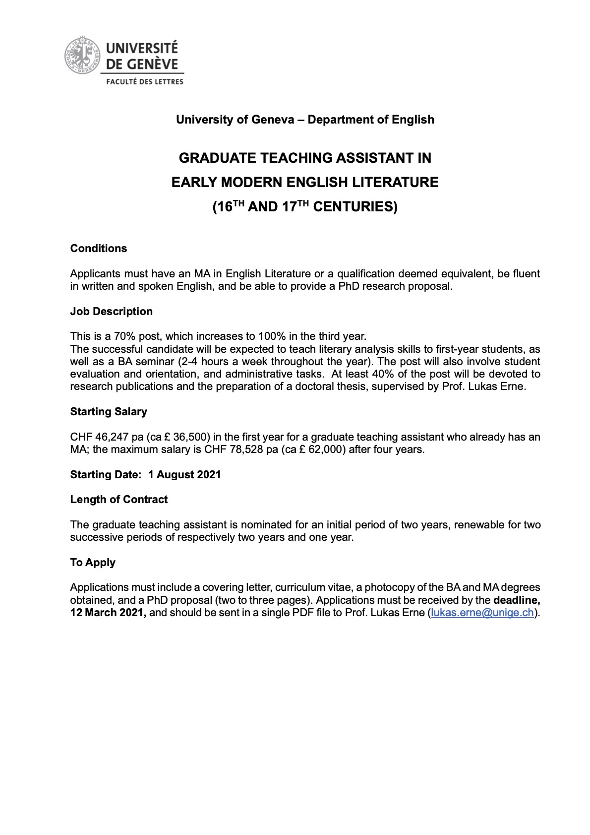 Vacant Position - GRADUATE TEACHING ASSISTANT IN EARLY MODERN ENGLISH LITERATURE (16TH AND 17TH CENTURIES) University of Geneva
