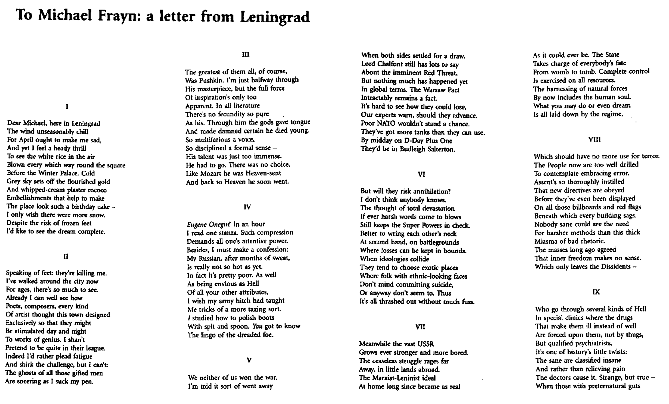 Clive James, "To Michael Frayn: A Letter from Leningrad" (1)