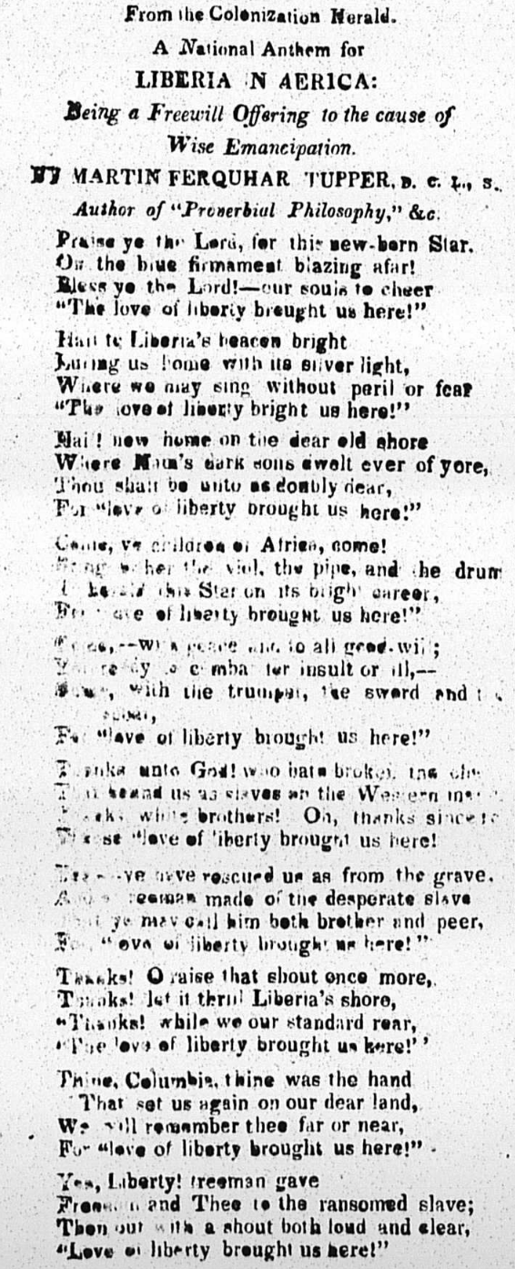 "A National Anthem for Liberia in Africa: Being a Freewill Offering in the Cause of Wise Emancipation"