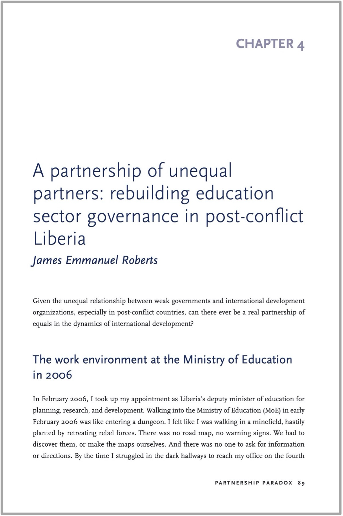Kona Khasu, "A Partnership of Unequal Partners: Rebuilding Education Sector Governance in Post-Conflict Liberia"